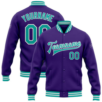 FUNSTUFFPRINT Custom Purple Aqua-White Bomber Full-Snap Varsity Letterman Jacket 3D Baseball Jacket