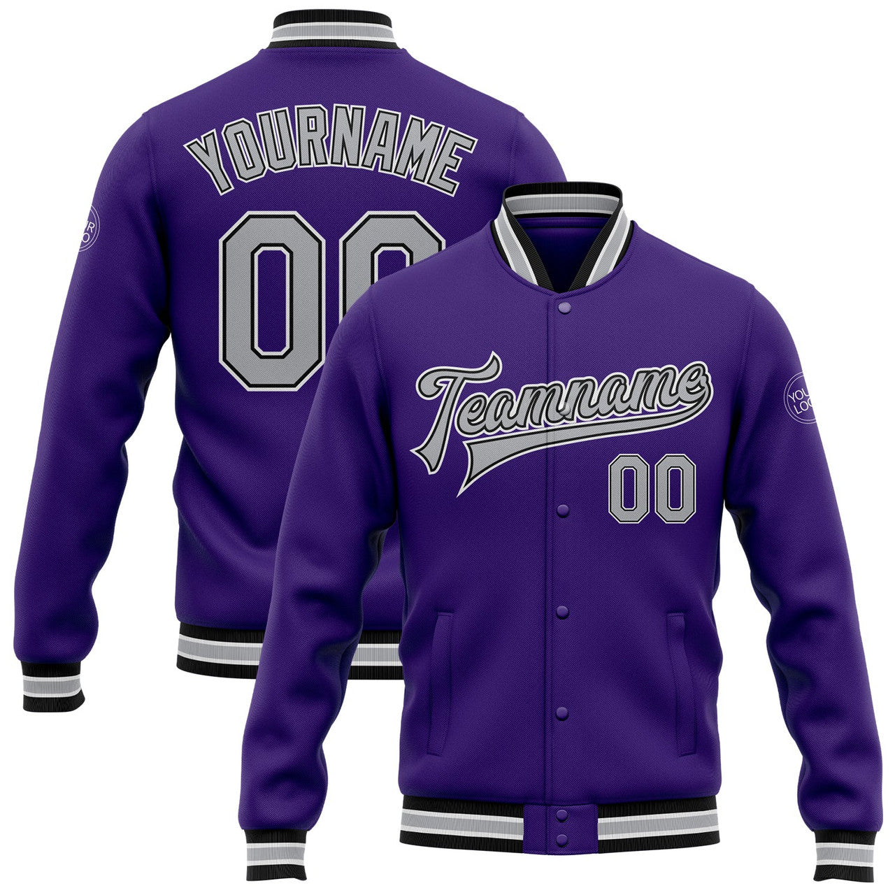 FUNSTUFFPRINT Custom Purple Gray-Black Bomber Full-Snap Varsity Letterman Jacket 3D Baseball Jacket