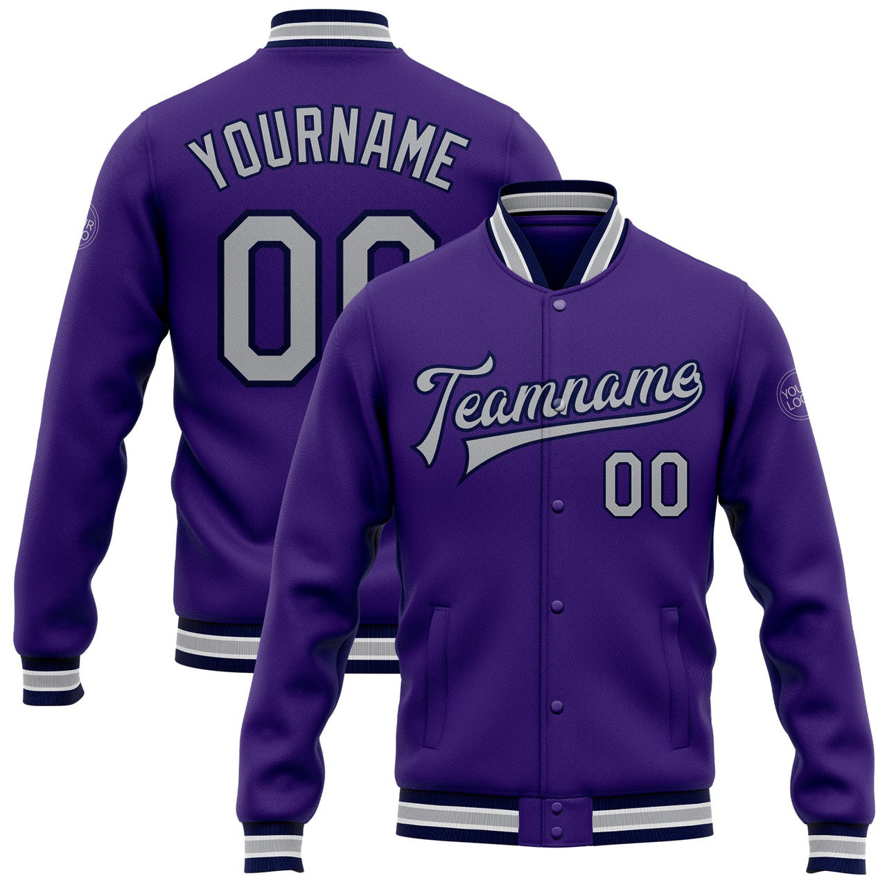 FUNSTUFFPRINT Custom Purple Gray-Navy Bomber Full-Snap Varsity Letterman Jacket 3D Baseball Jacket
