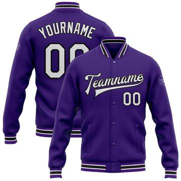 FUNSTUFFPRINT Custom Purple White-Black Bomber Full-Snap Varsity Letterman Jacket 3D Baseball Jacket