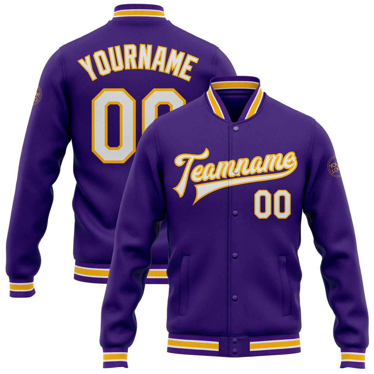 FUNSTUFFPRINT Custom Purple White-Gold Bomber Full-Snap Varsity Letterman Jacket 3D Baseball Jacket
