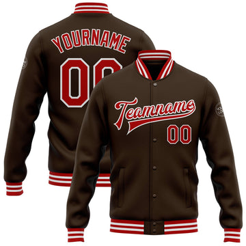 FUNSTUFFPRINT Custom Brown Red-White Bomber Full-Snap Varsity Letterman Jacket 3D Baseball Jacket