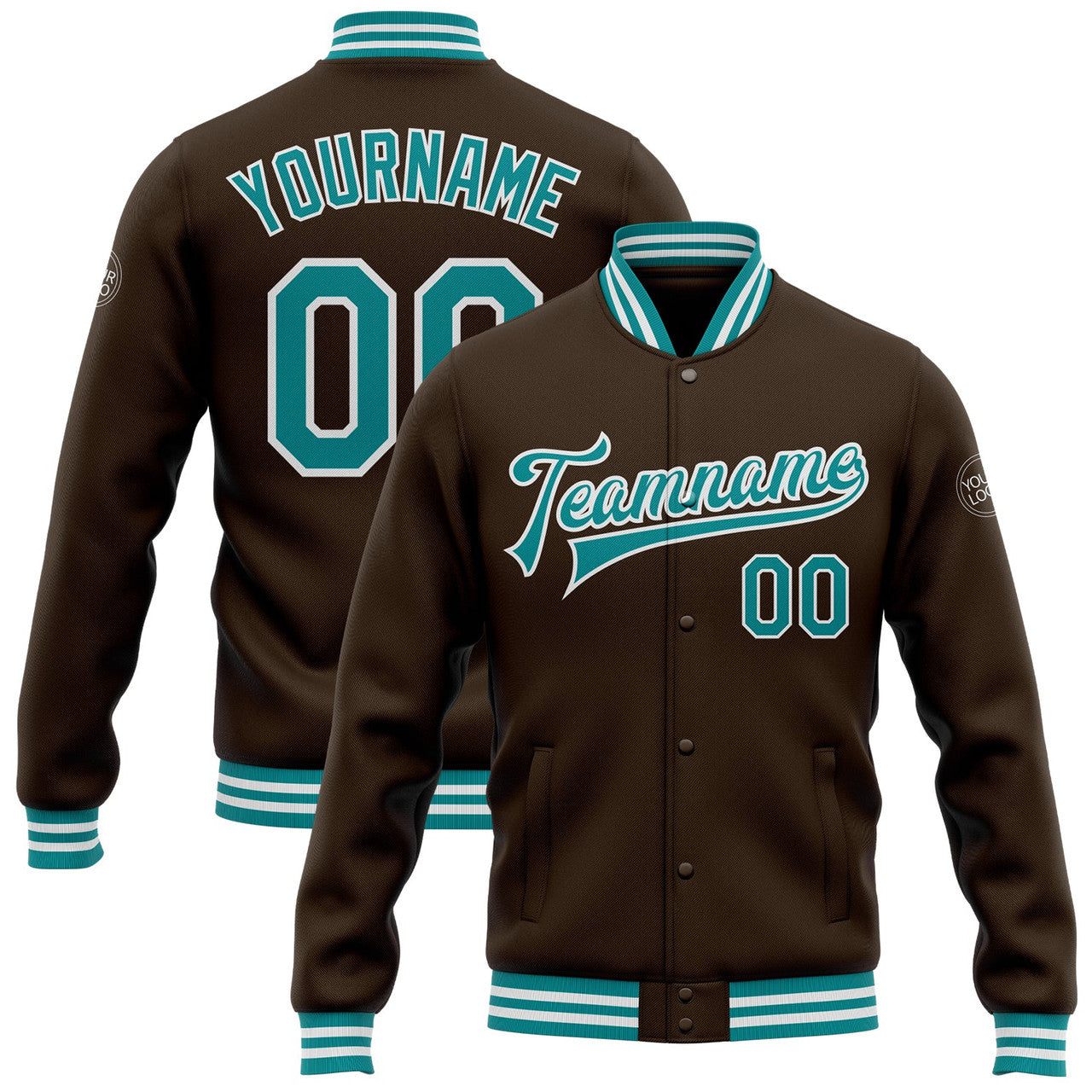 FUNSTUFFPRINT Custom Brown Teal-White Bomber Full-Snap Varsity Letterman Jacket 3D Baseball Jacket