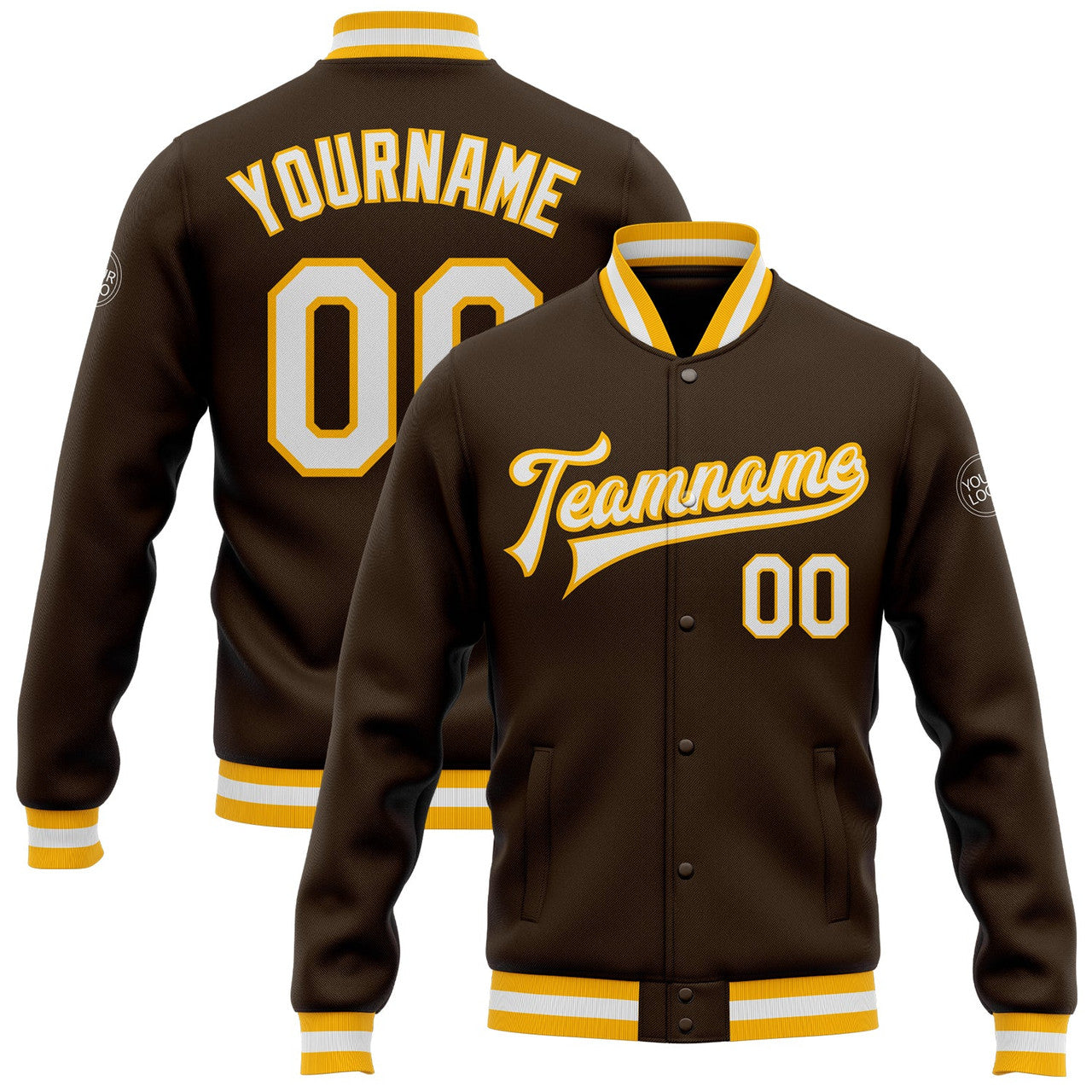 FUNSTUFFPRINT Custom Brown White-Gold Bomber Full-Snap Varsity Letterman Jacket 3D Baseball Jacket