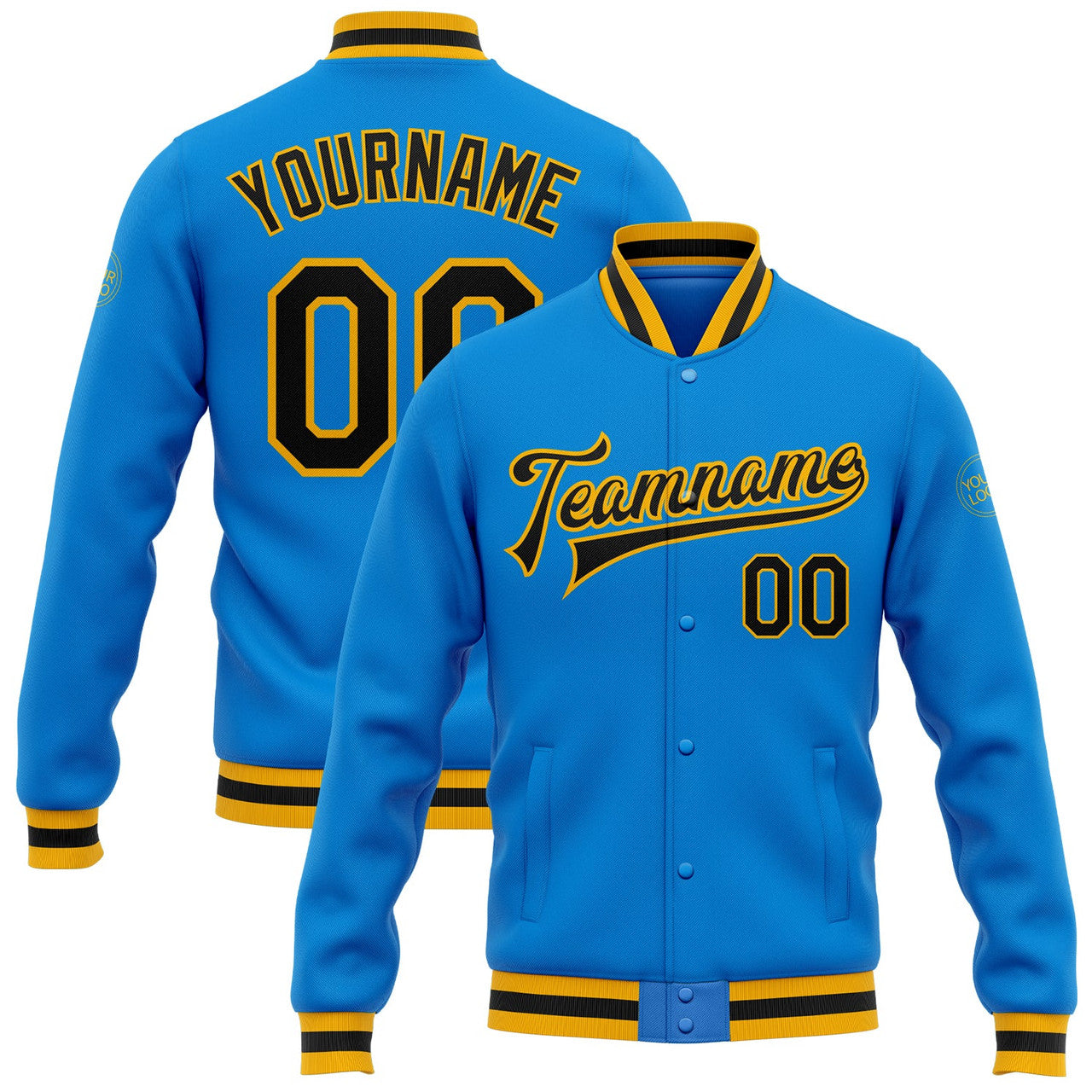 FUNSTUFFPRINT Custom Powder Blue Black-Gold Bomber Full-Snap Varsity Letterman Jacket 3D Baseball Jacket