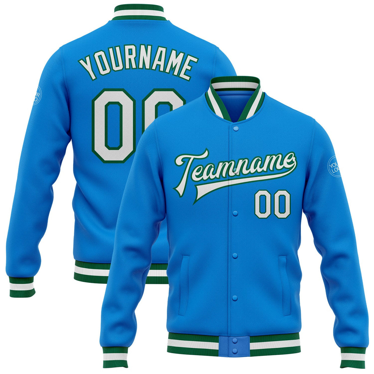 FUNSTUFFPRINT Custom Powder Blue White-Kelly Green Bomber Full-Snap Varsity Letterman Jacket 3D Baseball Jacket