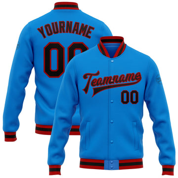 FUNSTUFFPRINT Custom Powder Blue Black-Red Bomber Full-Snap Varsity Letterman Jacket 3D Baseball Jacket