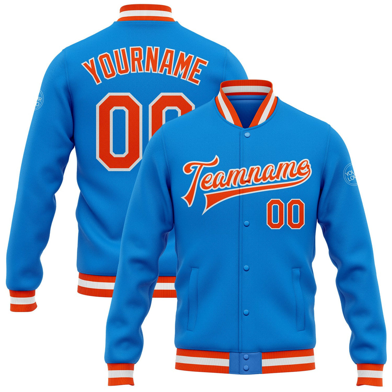 FUNSTUFFPRINT Custom Powder Blue Orange-White Bomber Full-Snap Varsity Letterman Jacket 3D Baseball Jacket