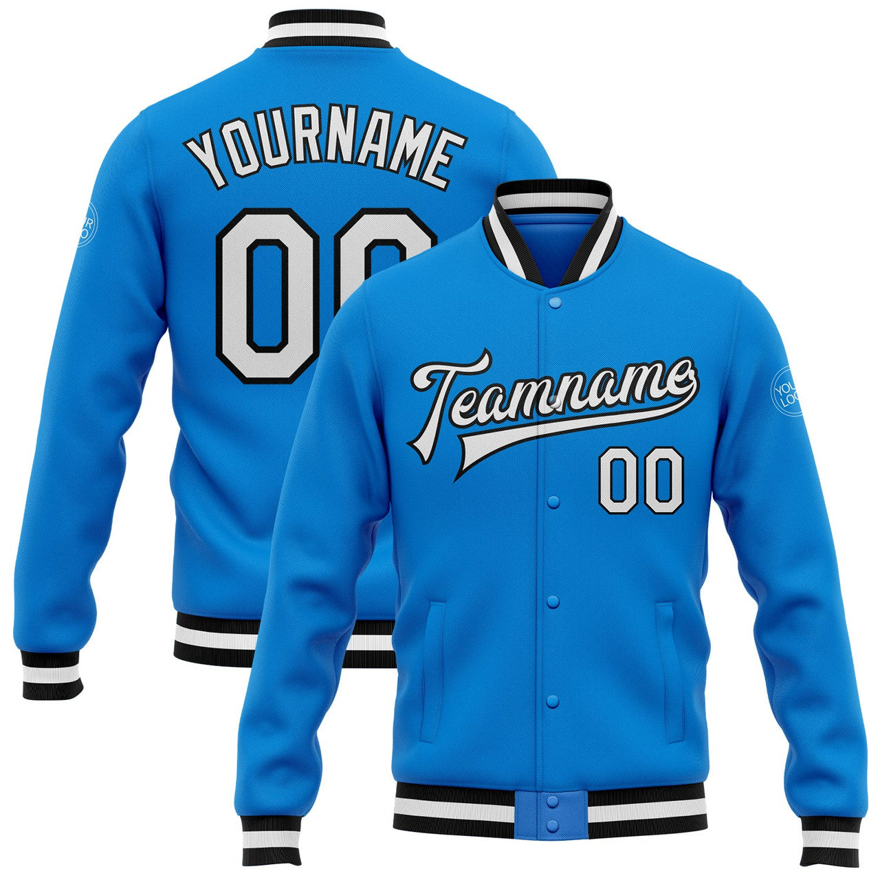 FUNSTUFFPRINT Custom Powder Blue White-Black Bomber Full-Snap Varsity Letterman Jacket 3D Baseball Jacket