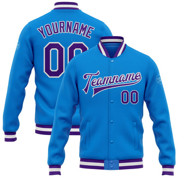 FUNSTUFFPRINT Custom Powder Blue Purple-White Bomber Full-Snap Varsity Letterman Jacket 3D Baseball Jacket