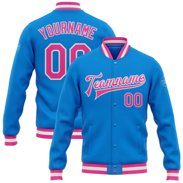 FUNSTUFFPRINT Custom Powder Blue Pink-White Bomber Full-Snap Varsity Letterman Jacket 3D Baseball Jacket