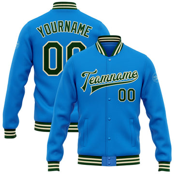 FUNSTUFFPRINT Custom Powder Blue Green-Cream Bomber Full-Snap Varsity Letterman Jacket 3D Baseball Jacket