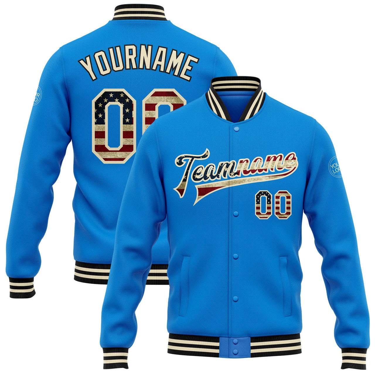 FUNSTUFFPRINT Custom Powder Blue Vintage USA Flag Cream-Black Bomber Full-Snap Varsity Letterman Jacket 3D Baseball Jacket