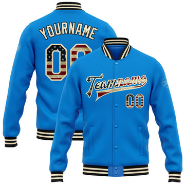 FUNSTUFFPRINT Custom Powder Blue Vintage USA Flag Cream-Black Bomber Full-Snap Varsity Letterman Jacket 3D Baseball Jacket