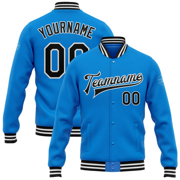 FUNSTUFFPRINT Custom Powder Blue Black-White Bomber Full-Snap Varsity Letterman Jacket 3D Baseball Jacket