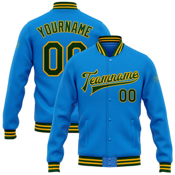FUNSTUFFPRINT Custom Powder Blue Green-Gold Bomber Full-Snap Varsity Letterman Jacket 3D Baseball Jacket
