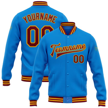 FUNSTUFFPRINT Custom Powder Blue Crimson-Gold Bomber Full-Snap Varsity Letterman Jacket 3D Baseball Jacket