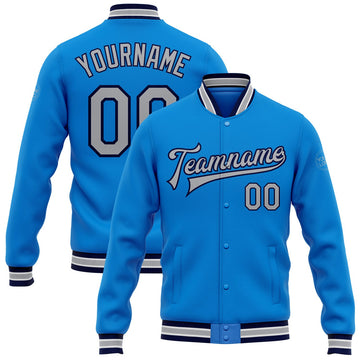 FUNSTUFFPRINT Custom Powder Blue Gray-Navy Bomber Full-Snap Varsity Letterman Jacket 3D Baseball Jacket