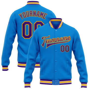 FUNSTUFFPRINT Custom Powder Blue Purple-Gold Bomber Full-Snap Varsity Letterman Jacket 3D Baseball Jacket
