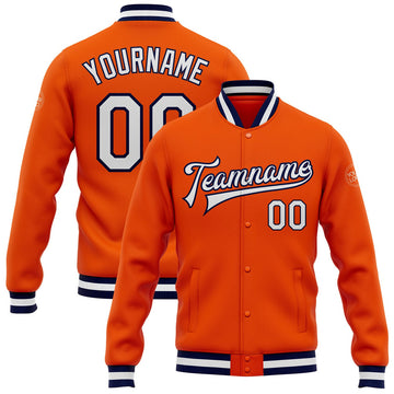 FUNSTUFFPRINT Custom Orange White-Navy Bomber Full-Snap Varsity Letterman Jacket 3D Baseball Jacket