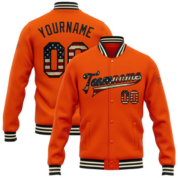 FUNSTUFFPRINT Custom Orange Vintage USA Flag Black-Cream Bomber Full-Snap Varsity Letterman Jacket 3D Baseball Jacket