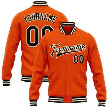 FUNSTUFFPRINT Custom Orange Black-Cream Bomber Full-Snap Varsity Letterman Jacket 3D Baseball Jacket