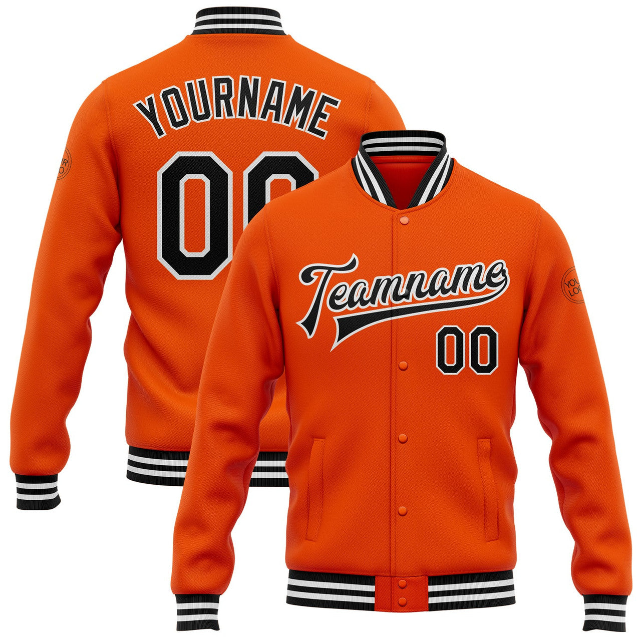 FUNSTUFFPRINT Custom Orange Black-White Bomber Full-Snap Varsity Letterman Jacket 3D Baseball Jacket
