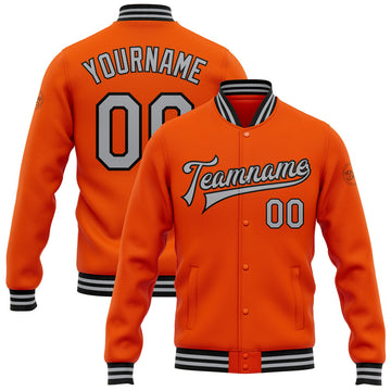 FUNSTUFFPRINT Custom Orange Gray-Black Bomber Full-Snap Varsity Letterman Jacket 3D Baseball Jacket