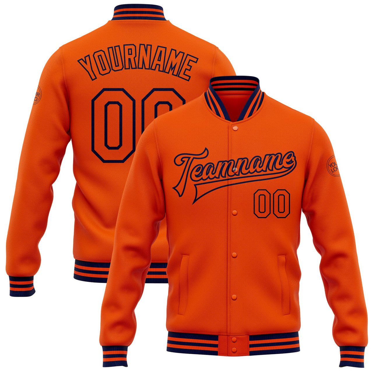 FUNSTUFFPRINT Custom Orange Navy Bomber Full-Snap Varsity Letterman Jacket 3D Baseball Jacket