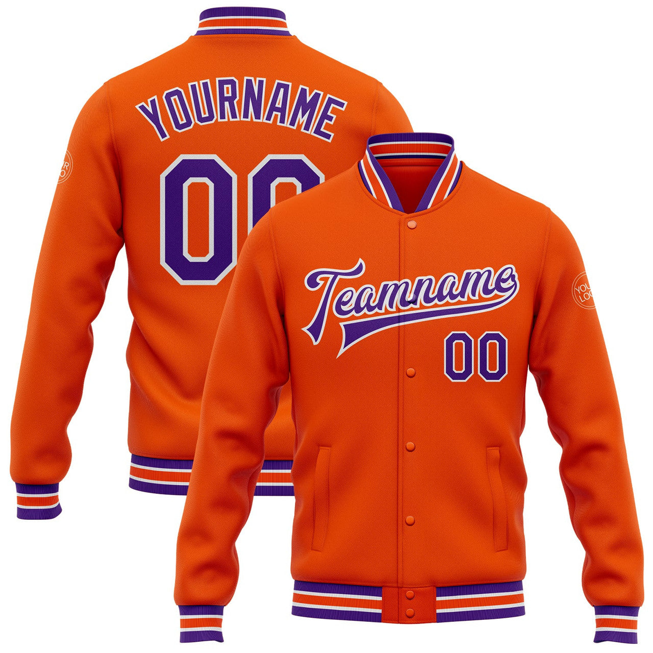 FUNSTUFFPRINT Custom Orange Purple-White Bomber Full-Snap Varsity Letterman Jacket 3D Baseball Jacket