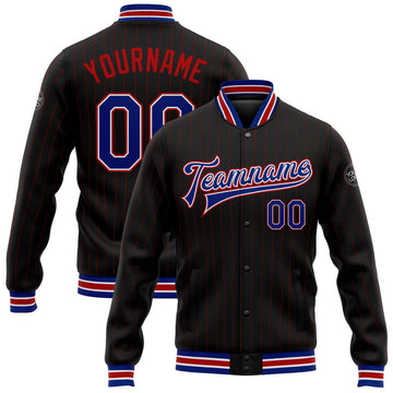 FUNSTUFFPRINT Custom Black Red Pinstripe Royal-White Bomber Full-Snap Varsity Letterman Jacket 3D Baseball Jacket