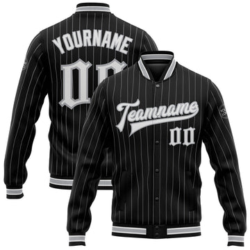FUNSTUFFPRINT Custom Black Gray Pinstripe White Bomber Full-Snap Varsity Letterman Jacket 3D Baseball Jacket