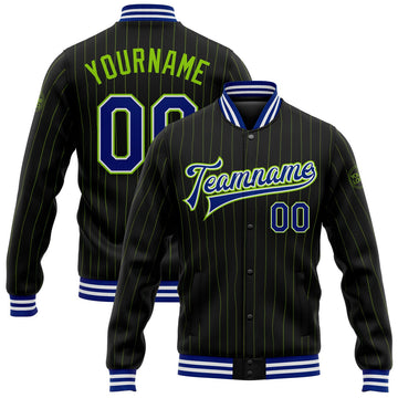 FUNSTUFFPRINT Custom Black Neon Green Pinstripe Royal-White Bomber Full-Snap Varsity Letterman Jacket 3D Baseball Jacket