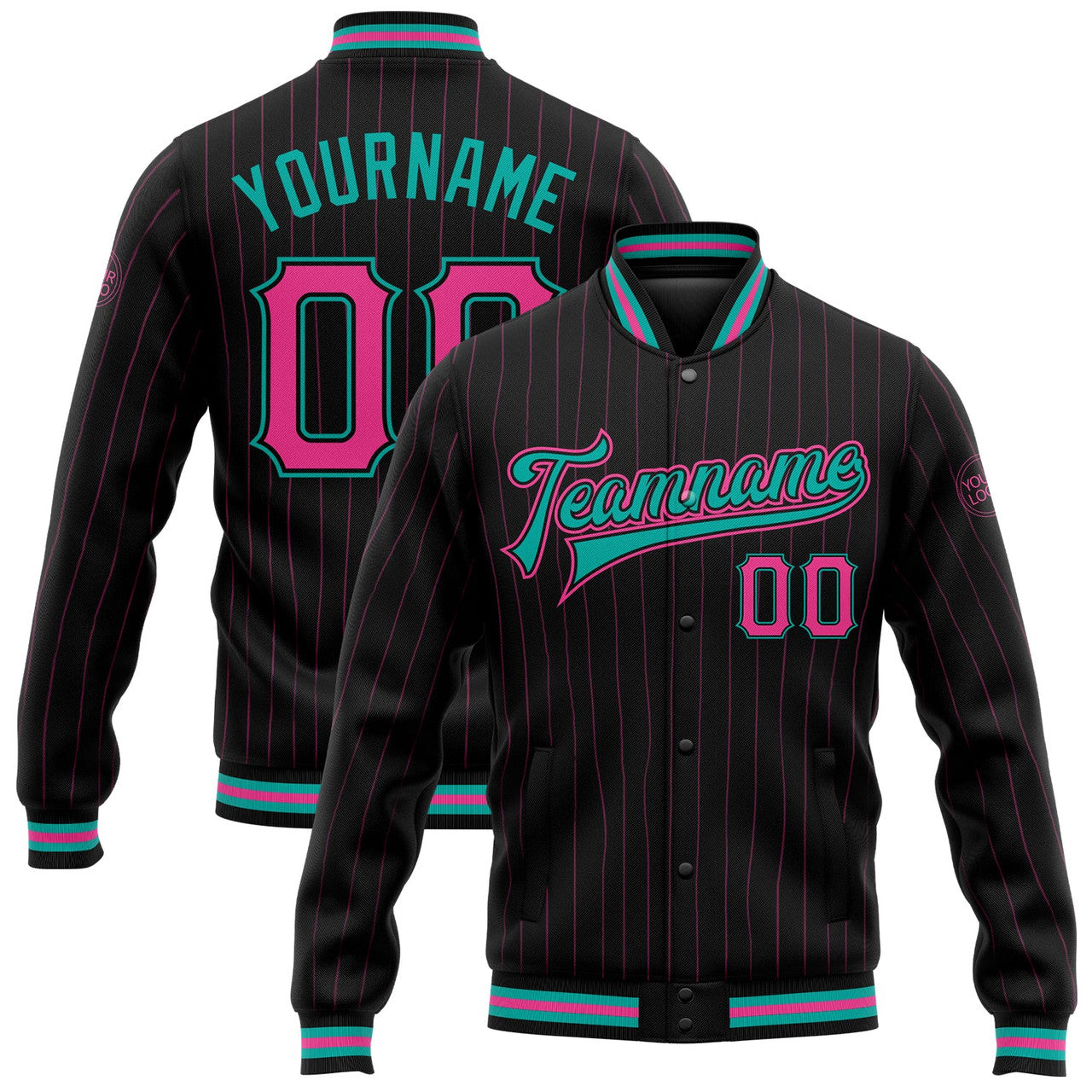 FUNSTUFFPRINT Custom Black Pink Pinstripe Aqua Bomber Full-Snap Varsity Letterman Jacket 3D Baseball Jacket