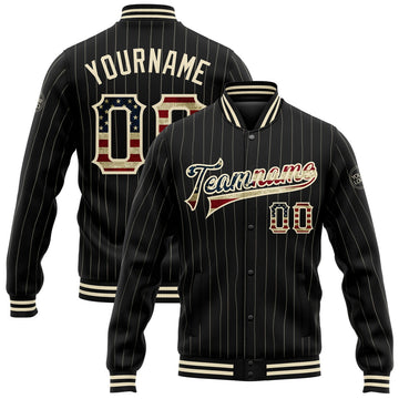 FUNSTUFFPRINT Custom Black Cream Pinstripe Vintage USA Flag Bomber Full-Snap Varsity Letterman Jacket 3D Baseball Jacket
