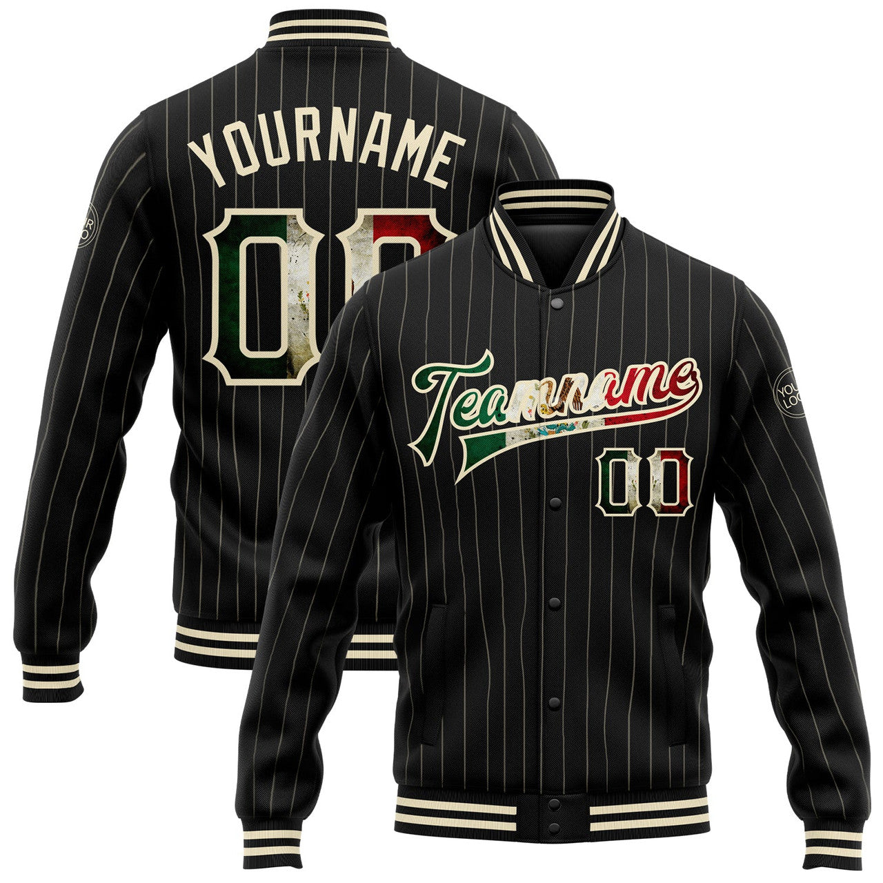 FUNSTUFFPRINT Custom Black Cream Pinstripe Vintage Mexican Flag Bomber Full-Snap Varsity Letterman Jacket 3D Baseball Jacket
