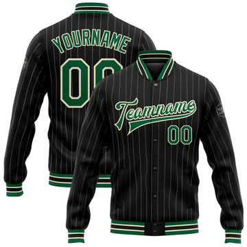 FUNSTUFFPRINT Custom Black Cream Pinstripe Kelly Green Bomber Full-Snap Varsity Letterman Jacket 3D Baseball Jacket