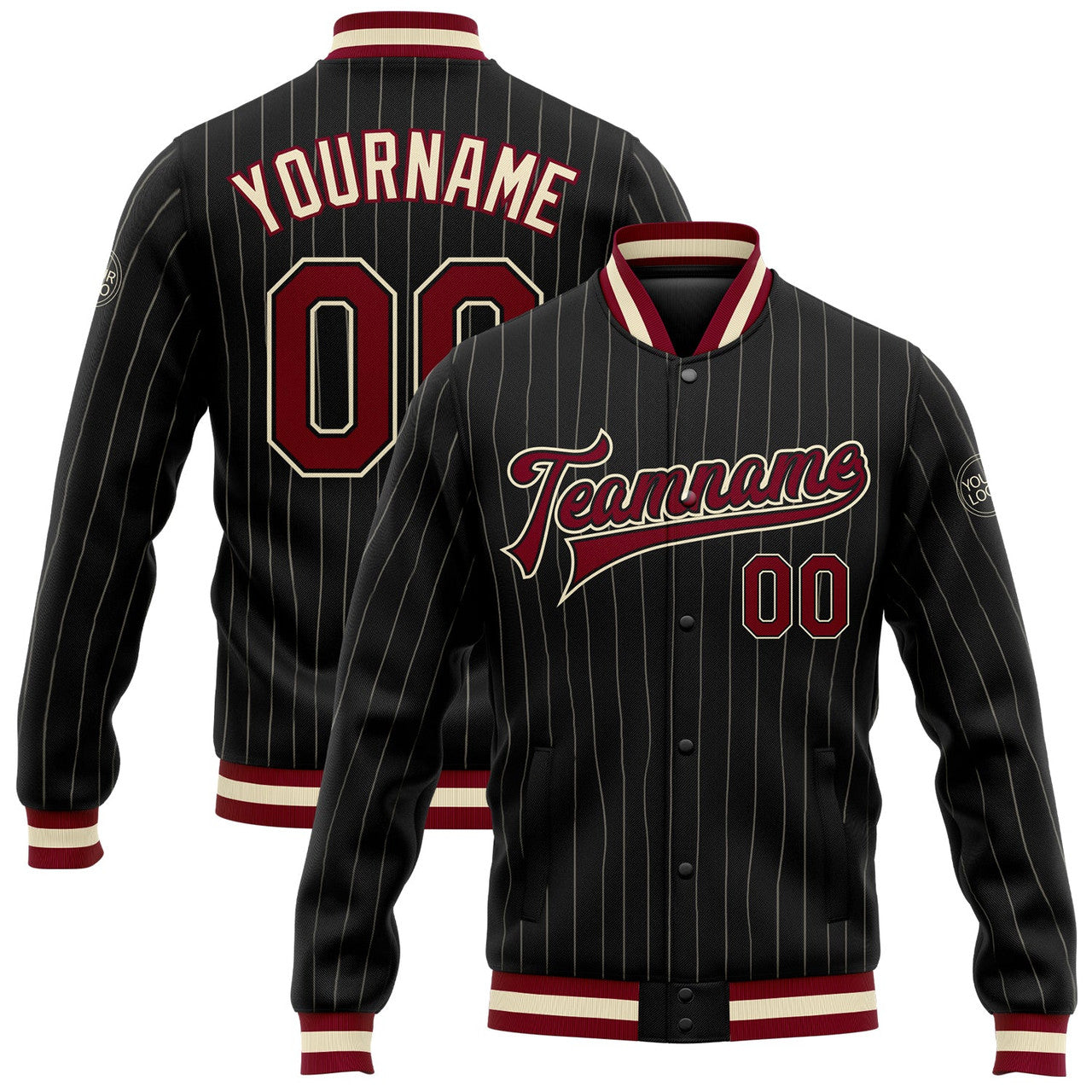 FUNSTUFFPRINT Custom Black Cream Pinstripe Maroon Bomber Full-Snap Varsity Letterman Jacket 3D Baseball Jacket
