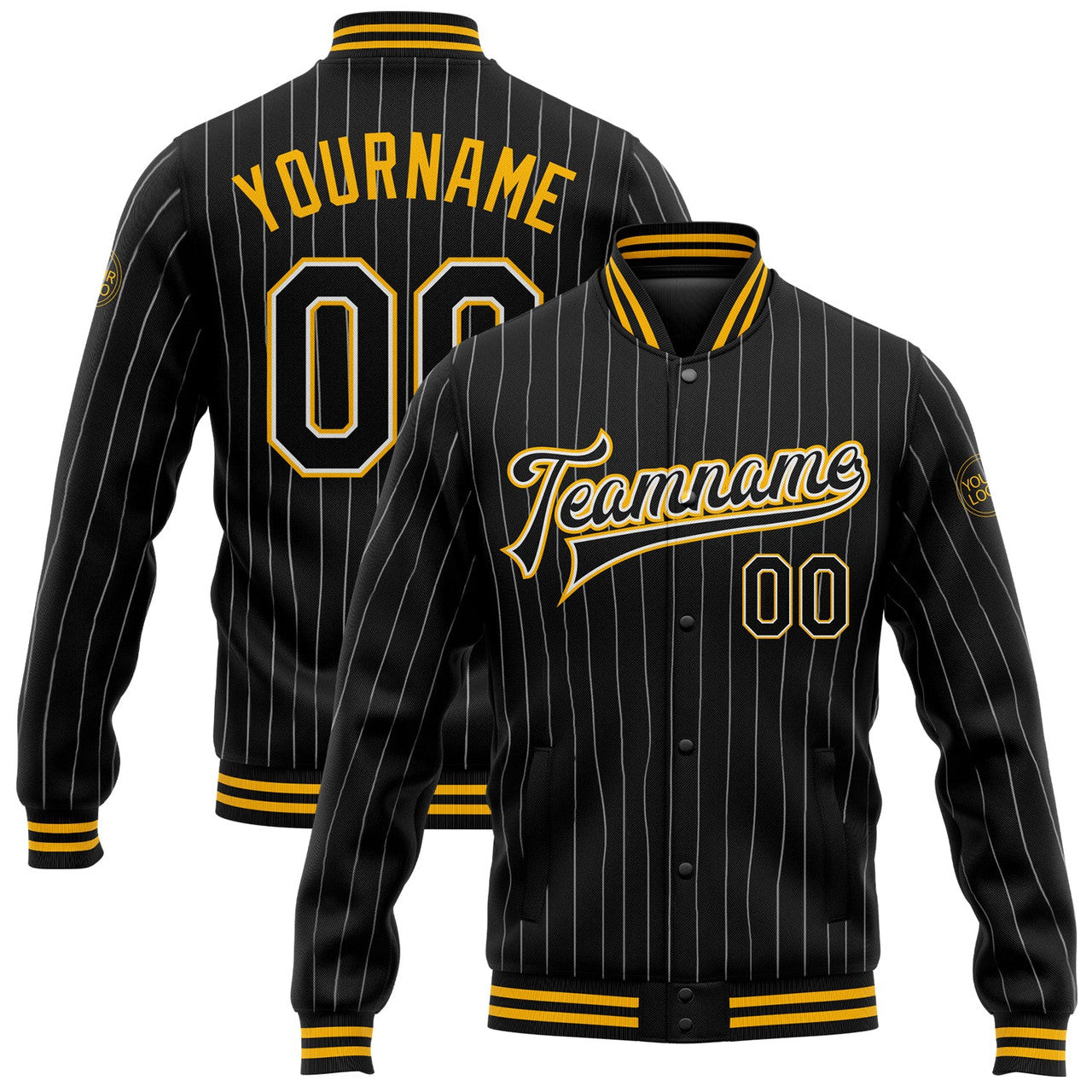 FUNSTUFFPRINT Custom Black White Pinstripe Gold Bomber Full-Snap Varsity Letterman Jacket 3D Baseball Jacket
