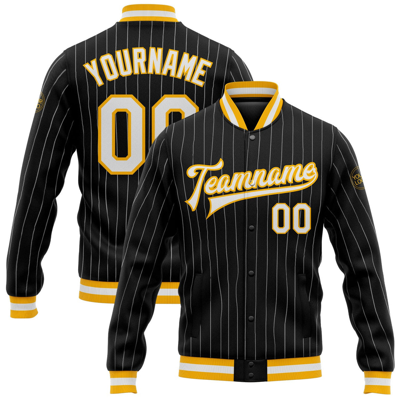 FUNSTUFFPRINT Custom White Black Pinstripe Gray Bomber Full-Snap Varsity Letterman Jacket 3D Baseball Jacket 3D Baseball Jacket