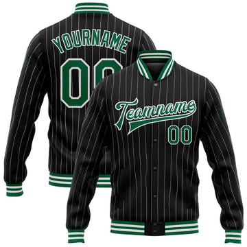 FUNSTUFFPRINT Custom Black White Pinstripe Kelly Green Bomber Full-Snap Varsity Letterman Jacket 3D Baseball Jacket