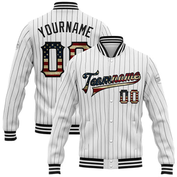 FUNSTUFFPRINT Custom White Black Pinstripe Vintage USA Flag Bomber Full-Snap Varsity Letterman Jacket 3D Baseball Jacket