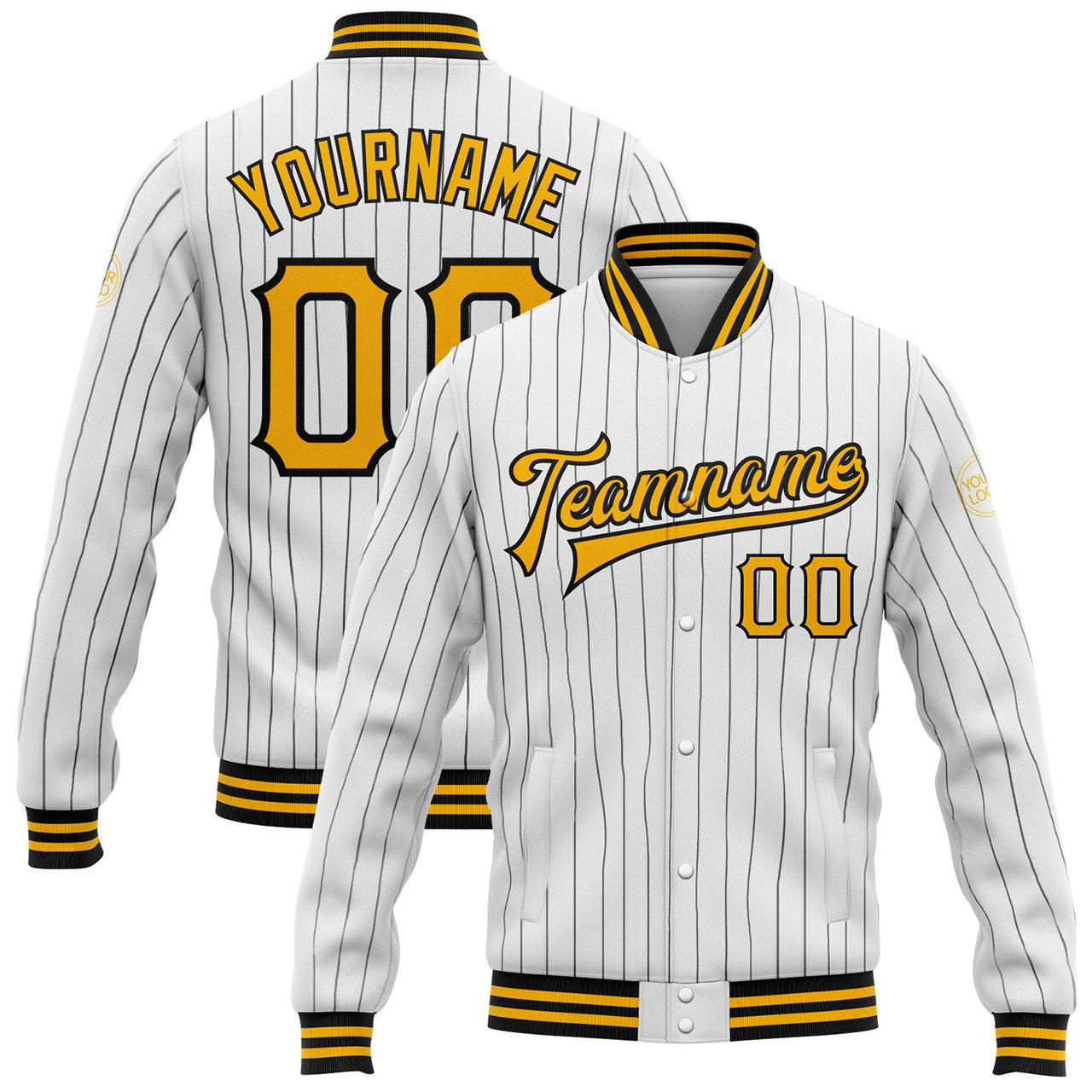 FUNSTUFFPRINT Custom White Black Pinstripe Gold Bomber Full-Snap Varsity Letterman Jacket 3D Baseball Jacket