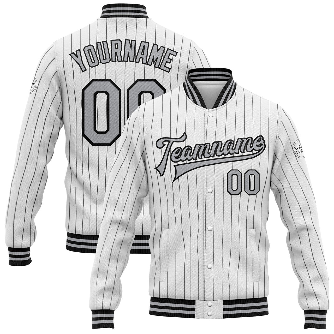 FUNSTUFFPRINT Custom White Black Pinstripe Gray Bomber Full-Snap Varsity Letterman Jacket 3D Baseball Jacket