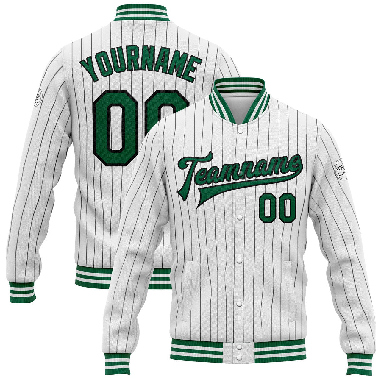 FUNSTUFFPRINT Custom White Black Pinstripe Kelly Green Bomber Full-Snap Varsity Letterman Jacket 3D Baseball Jacket