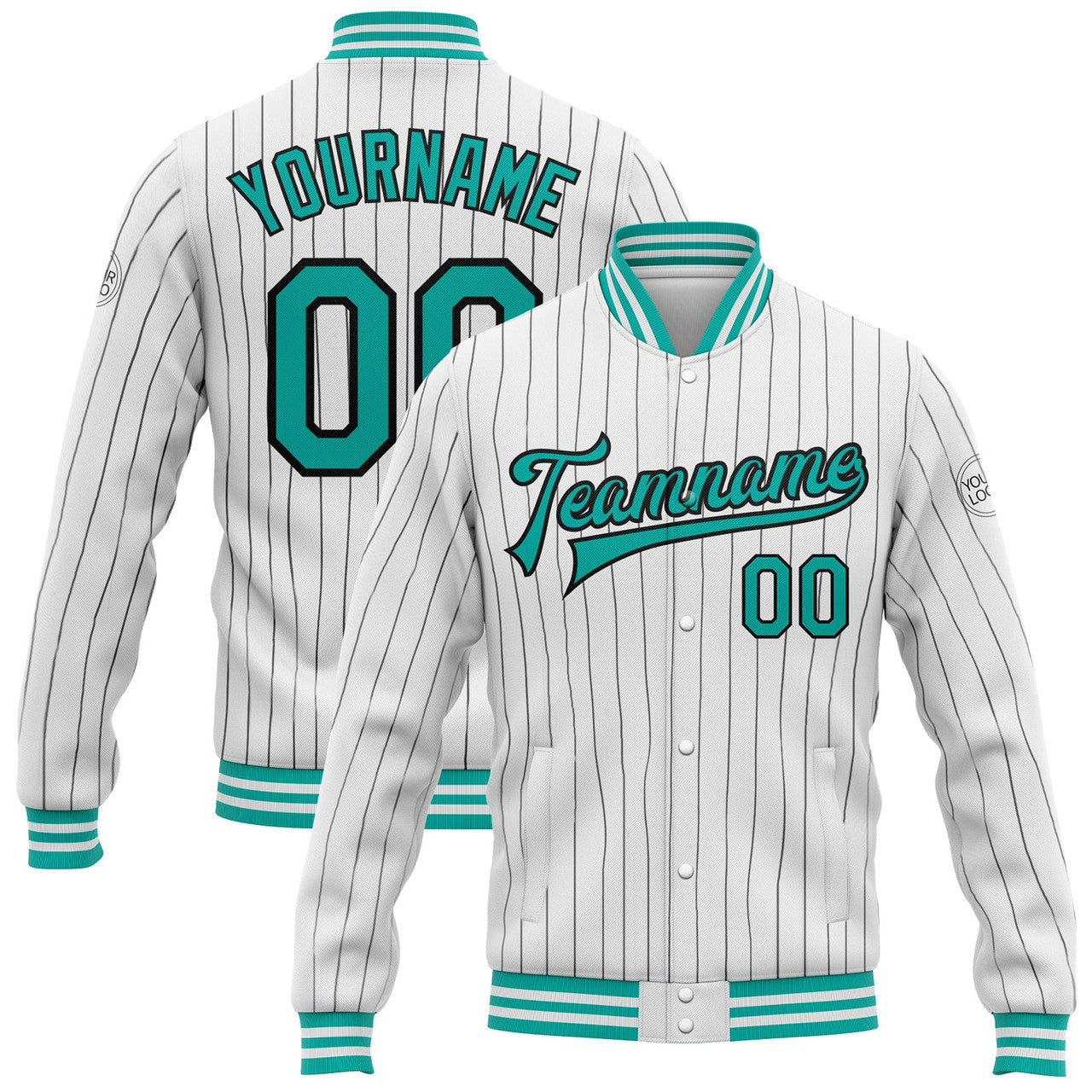FUNSTUFFPRINT Custom White Black Pinstripe Aqua Bomber Full-Snap Varsity Letterman Jacket 3D Baseball Jacket
