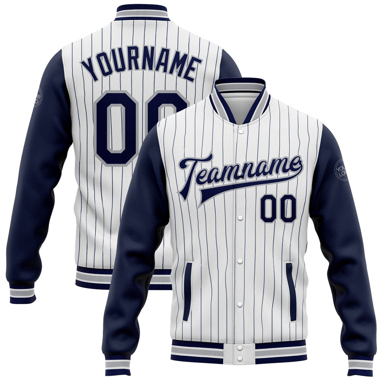 FUNSTUFFPRINT Custom White Navy Pinstripe Gray Bomber Full-Snap Varsity Letterman Two Tone Jacket 3D Baseball Jacket