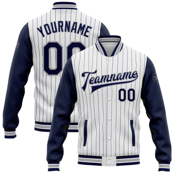 FUNSTUFFPRINT Custom White Navy Pinstripe Gray Bomber Full-Snap Varsity Letterman Two Tone Jacket 3D Baseball Jacket