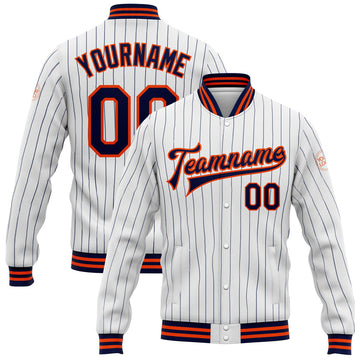FUNSTUFFPRINT Custom White Navy Pinstripe Orange Bomber Full-Snap Varsity Letterman Jacket 3D Baseball Jacket