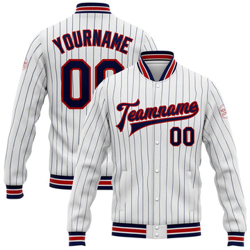 FUNSTUFFPRINT Custom White Navy Pinstripe Red Bomber Full-Snap Varsity Letterman Jacket 3D Baseball Jacket